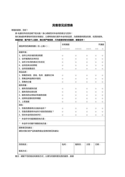 酒店宾客意见表模板